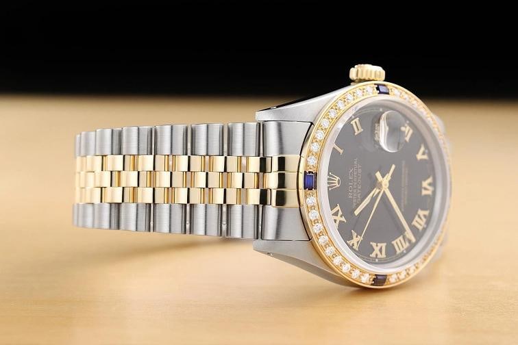 ROLEX MENS DATEJUST 16013 BLACK ROMAN DIAL SAPPHIRE DIAMOND 18K GOLD STEEL WATCH - 7