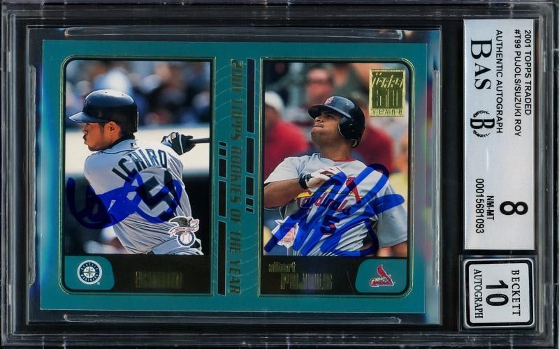 Albert Pujols & Ichiro Suzuki Auto 2001 Topps Traded RC T99 BGS 8 Sig 10 Beckett: Condition: Ungraded - Very good: Not in original packaging or professionally graded,Player/Athlete: Ichiro Suzuki,Player: Ichiro Suzuki,Sport: Baseball,Product: Card,Autographed: Yes,Signed By: