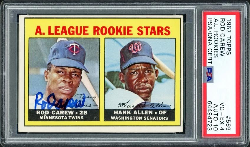 Rod Carew Signed 1967 Topps RC 569 Twins PSA 4 Auto GM 10 PSA/DNA #64494723: Condition: Ungraded - Very good: Not in original packaging or professionally graded,Player/Athlete: Rod Carew,Player: Rod Carew,Team: Minnesota Twins,Sport: Baseball,Product: Card,Autographed: