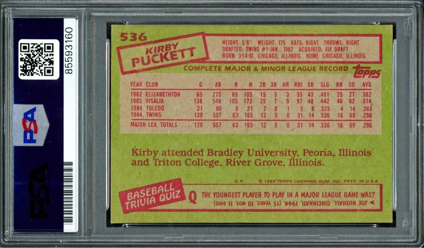 Kirby Puckett Signed 1985 Topps RC #536 Twins Vintage Signature PSA/DNA - 2