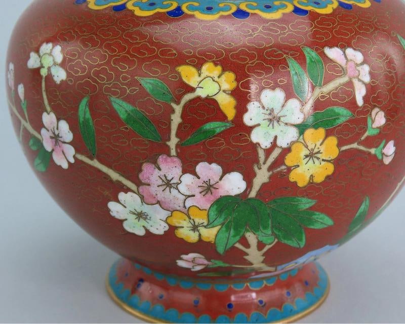 Fabulous Mid 20th Century Pair Cloisonne Vases Red w/ Pink Flowers 6 1/4" Tall - 10