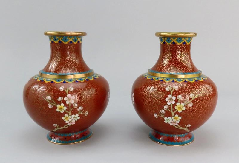 Fabulous Mid 20th Century Pair Cloisonne Vases Red w/ Pink Flowers 6 1/4" Tall - 2