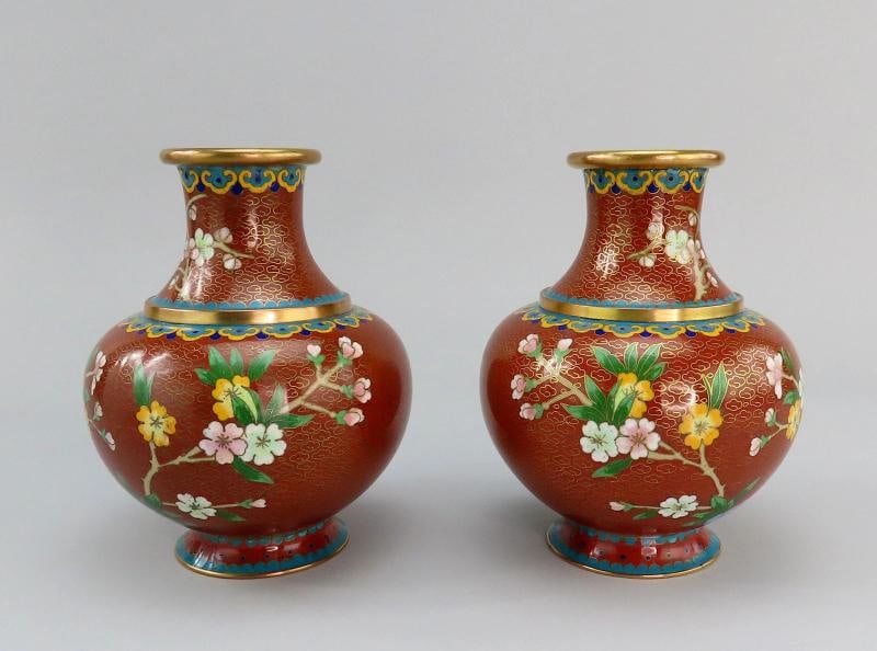 Fabulous Mid 20th Century Pair Cloisonne Vases Red w/ Pink Flowers 6 1/4" Tall - 3