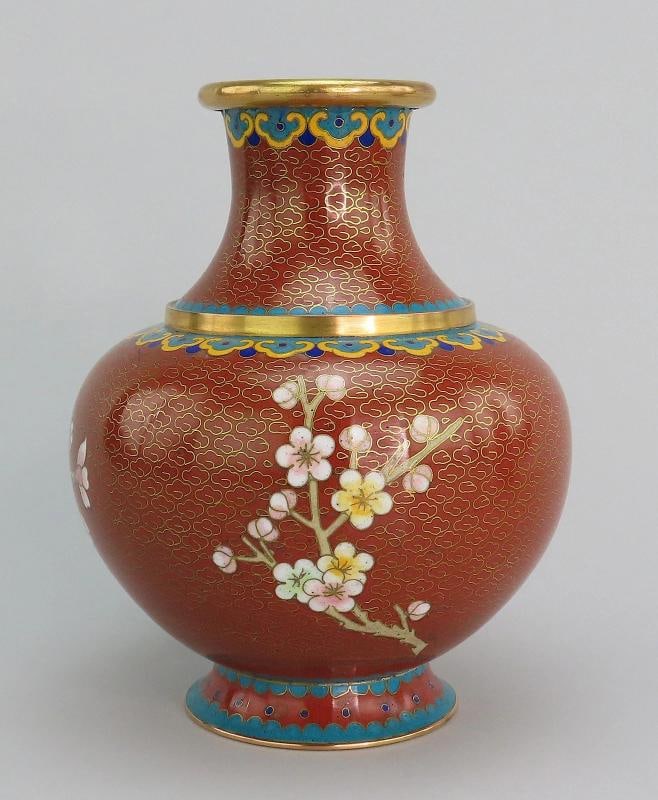 Fabulous Mid 20th Century Pair Cloisonne Vases Red w/ Pink Flowers 6 1/4" Tall - 4