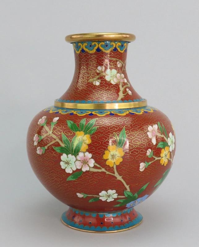 Fabulous Mid 20th Century Pair Cloisonne Vases Red w/ Pink Flowers 6 1/4" Tall - 5