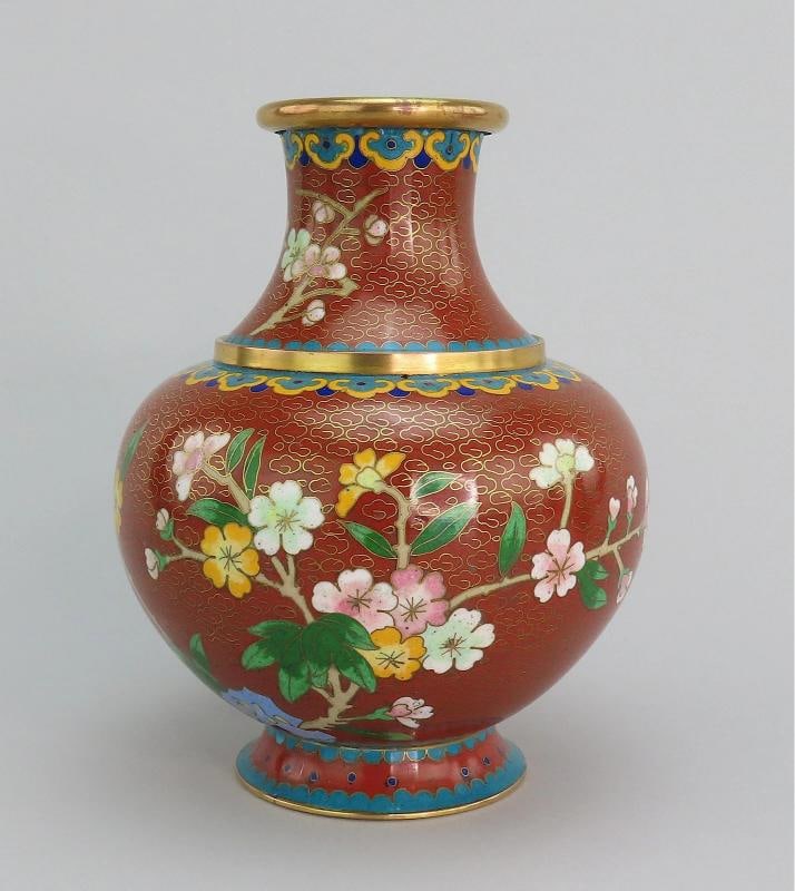 Fabulous Mid 20th Century Pair Cloisonne Vases Red w/ Pink Flowers 6 1/4" Tall - 6
