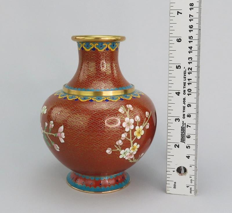 Fabulous Mid 20th Century Pair Cloisonne Vases Red w/ Pink Flowers 6 1/4" Tall - 7