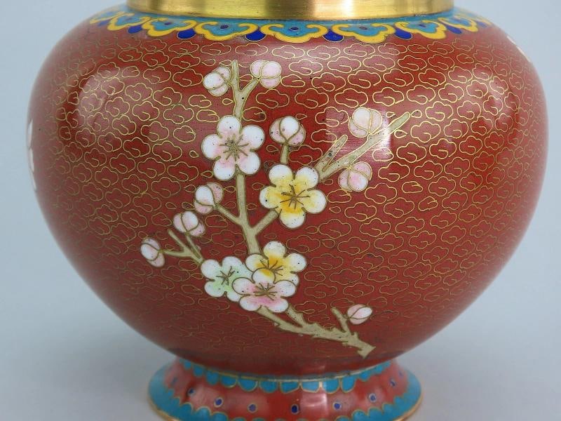 Fabulous Mid 20th Century Pair Cloisonne Vases Red w/ Pink Flowers 6 1/4" Tall - 8