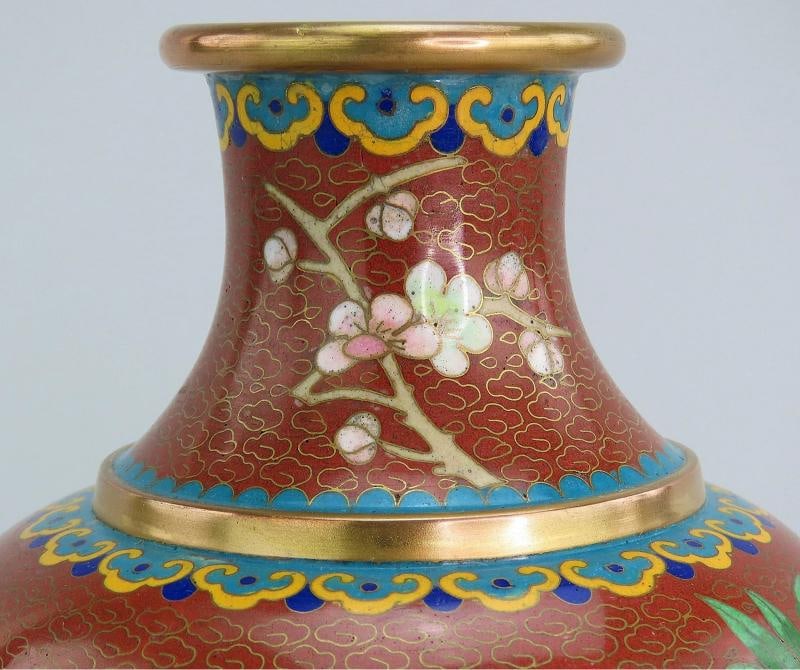 Fabulous Mid 20th Century Pair Cloisonne Vases Red w/ Pink Flowers 6 1/4" Tall - 9