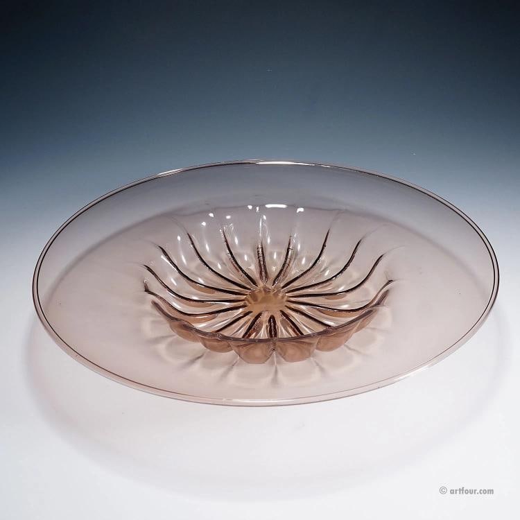 Large Vetro Soffiato Glass Dish by Vittorio Zecchin for Venini Murano ca. 1925: Condition: Used,Brand: ArtGlass,Material: Glass,Type: Art Glass,Handmade: Yes,Vintage: Yes,Country of Origin: Italy A very large 'vetro soffiato' glass dish in amethyst transparent glass, designed by 