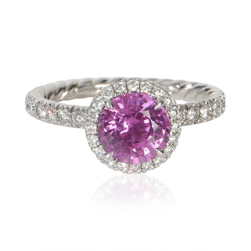 David Yurman 1.64 ct Round Sapphire and Diamond Eden Halo Engagement Ring: Condition: Pre-owned - Good,Shape: Round Brilliant,With Original Box/Packaging: Yes,With Papers: Yes,Main Stone Weight (cts): 1.64,Side Stone Type: Diamond,Side Stone Weight (cts): 0.30,Main Stone: