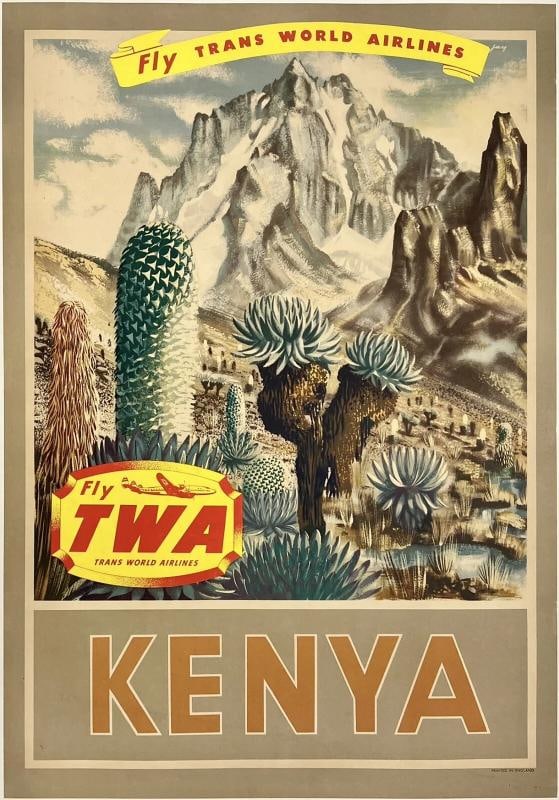Original Vintage Poster KENYA FLY TWA TRANS WORLD AIRLINES Airline Travel OL: Condition: Used,Country of Origin: United States,Type: Poster,Airline: TWA,Modified Item: No Condition: Very Good * (linen backed; some faint scratches in the upper yellow text area; some surface