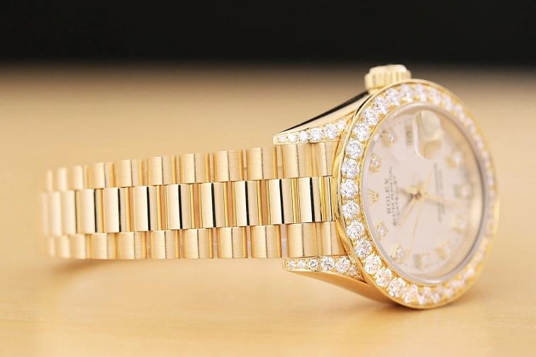 ROLEX LADIES DATEJUST PRESIDENT FACTORY DIAMOND DIAL 1.5 CT BEZEL 18K GOLD WATCH - 8