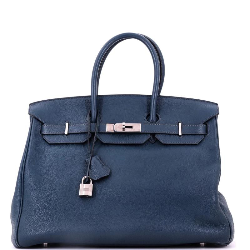 Hermes Birkin Handbag Bleu de Malte Togo with Palladium Hardware 35: Accessories: Lock, Clochette, Keys Measurements: Handle Drop None", Height 10", Width 14", Depth 7", Strap Drop None", Condition: Pre-owned - Good,Brand: Hermes,Exterior Material: Leather,Style: