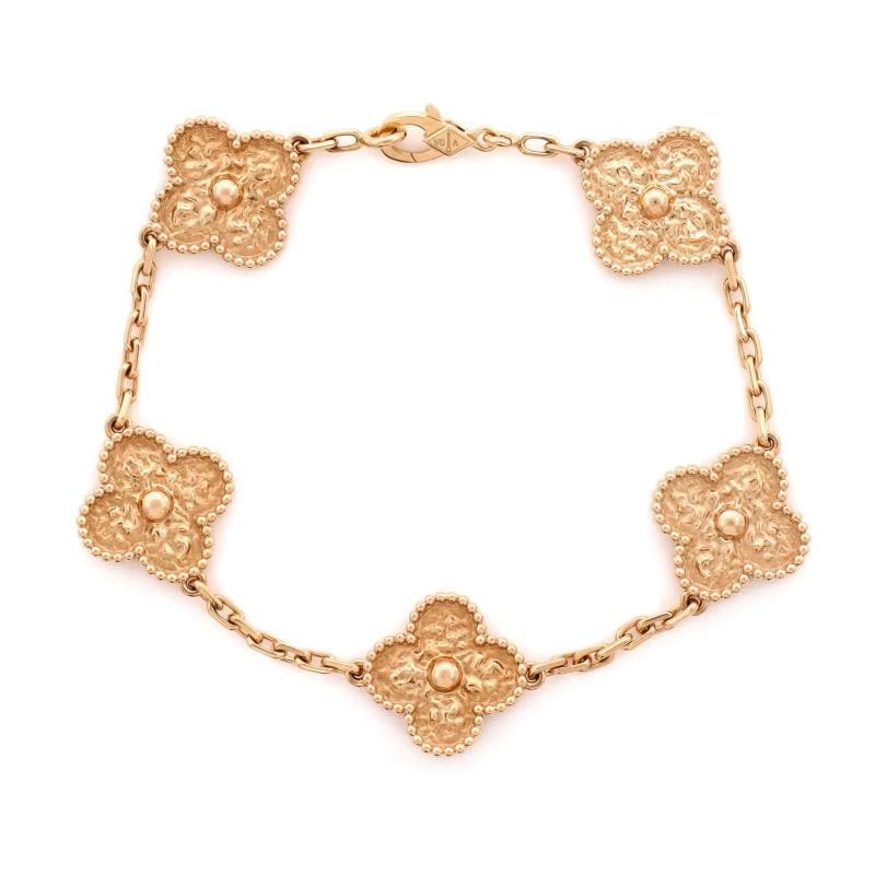 Van Cleef & Arpels Vintage Alhambra 5 Motifs Bracelet 18K Rose Gold: Measurements: Circumference: 6.5 ", Width: 2.3 mm . Condition: Pre-owned - Good,Brand: Van Cleef & Arpels,Main Stone: Unknown,Metal: 18K Rose Gold,Metal Purity: 18K,Style: Bracelet,Type: Bracelet,Colo