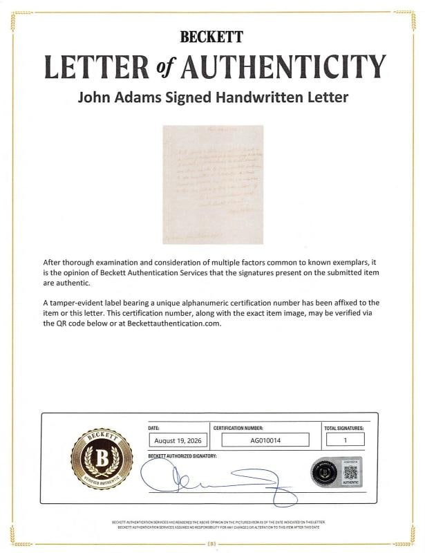 John Adams Signed & Framed 1783 Handwritten Letter To John Handcock BAS LOA - 3