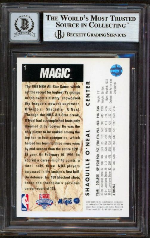 Magic Shaquille O'Neal Signed 1992 Upper Deck #1 Rookie Card Auto 10 BAS Slabbed - 2