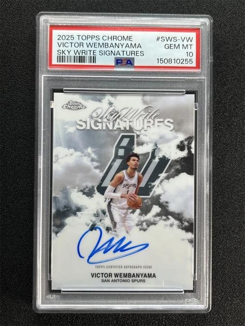 Victor Wembanyama 2025-26 Topps Chrome Sky Write Signatures Auto #SWS-VW (PSA 10): Condition: Graded - PSA 10: Professionally graded,League: National Basketball Association (NBA),Manufacturer: Panini,Sport: Basketball,Team: San Antonio Spurs,Type: Sports Trading Card,UPC: Does not