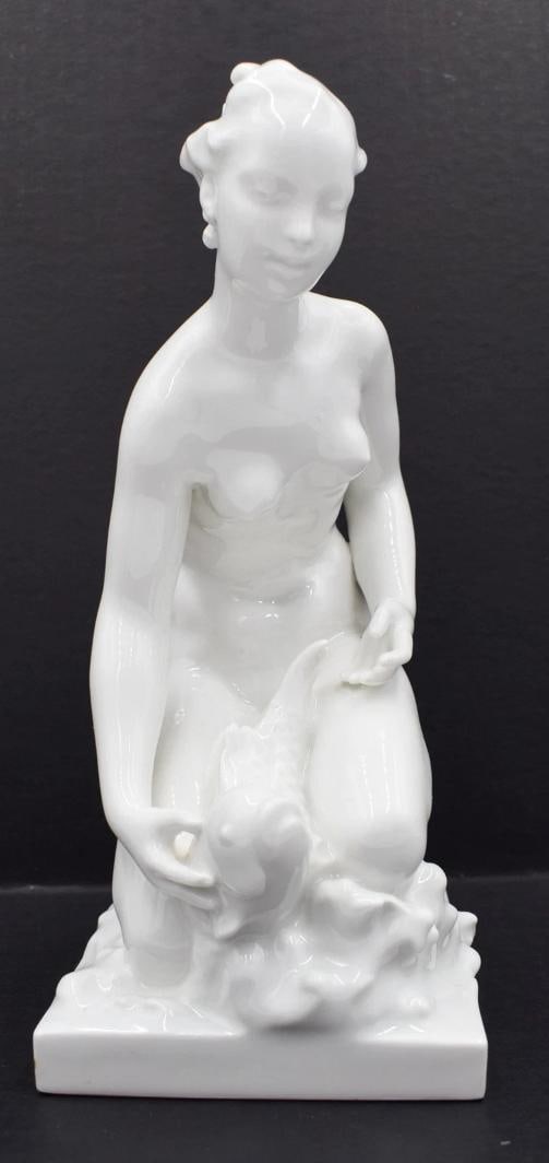 KPM Berlin Art Deco Porcelain Figure of Woman with Fish, White Glaze, Circa 1930 - 2