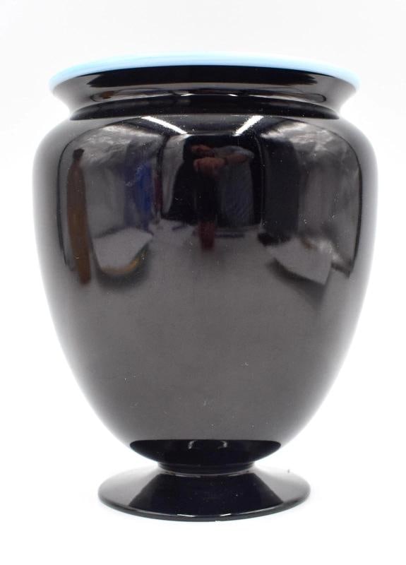 Steuben Art Glass Vase Mirror Black w/Light Blue Jade Rim - Polished Pontil - 2