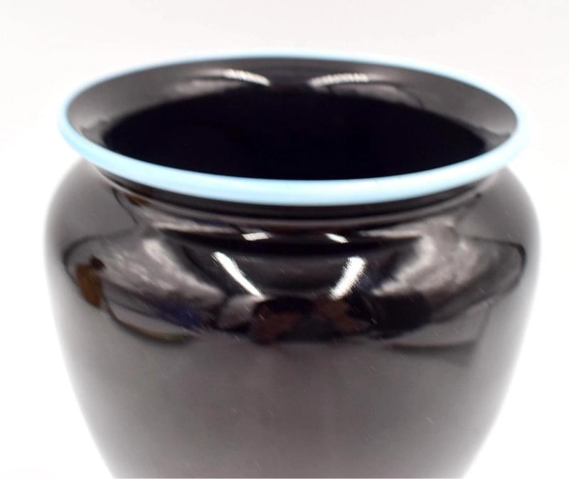 Steuben Art Glass Vase Mirror Black w/Light Blue Jade Rim - Polished Pontil - 3