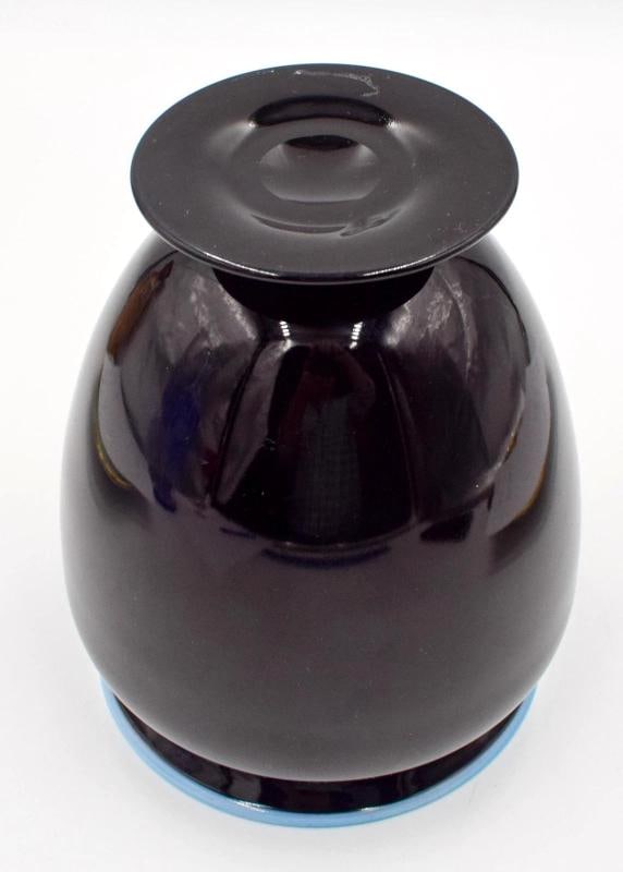 Steuben Art Glass Vase Mirror Black w/Light Blue Jade Rim - Polished Pontil - 6