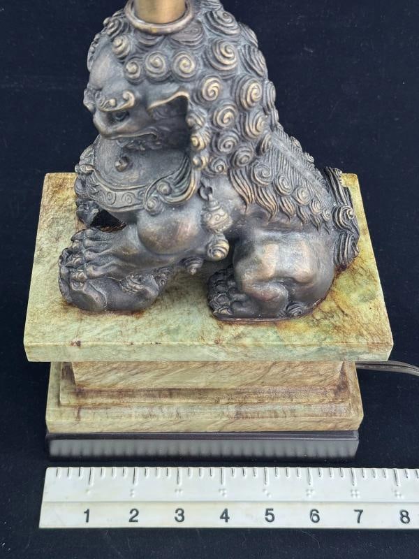 Pair of Chinese Bronze Foo Dog Lamps on Marble Base - 10