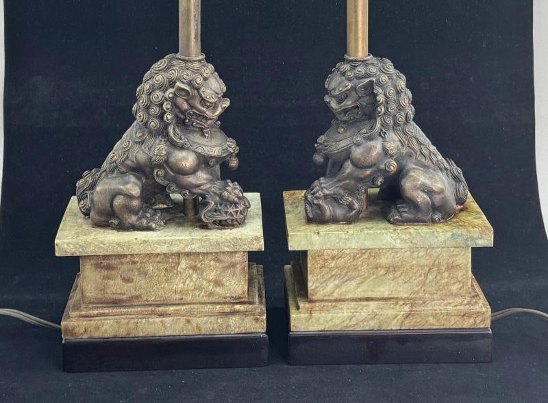 Pair of Chinese Bronze Foo Dog Lamps on Marble Base - 2