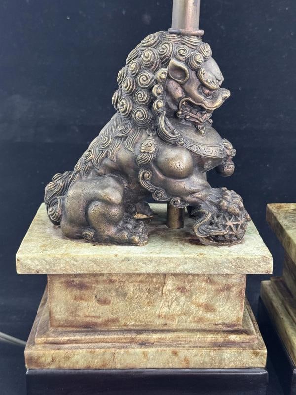 Pair of Chinese Bronze Foo Dog Lamps on Marble Base - 3