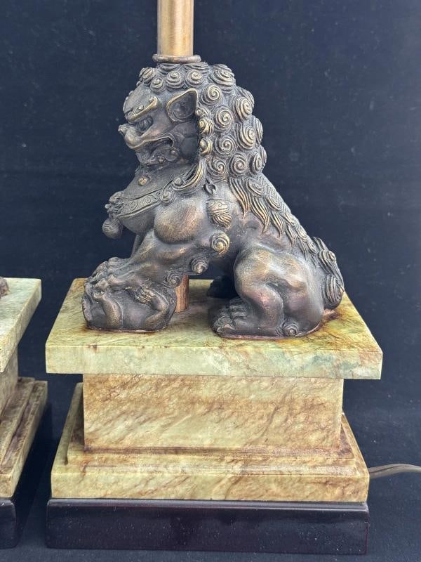 Pair of Chinese Bronze Foo Dog Lamps on Marble Base - 4