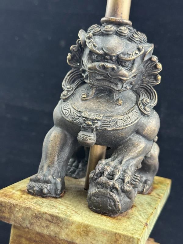 Pair of Chinese Bronze Foo Dog Lamps on Marble Base - 5