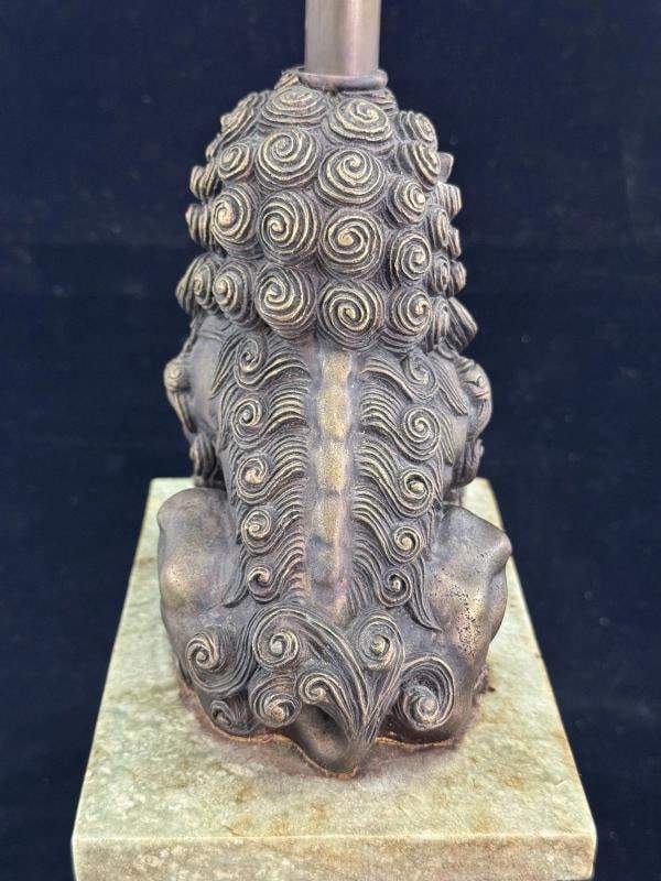 Pair of Chinese Bronze Foo Dog Lamps on Marble Base - 7