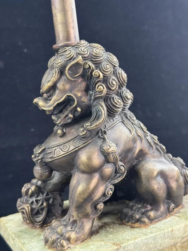 Pair of Chinese Bronze Foo Dog Lamps on Marble Base - 8