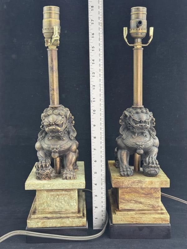 Pair of Chinese Bronze Foo Dog Lamps on Marble Base - 9