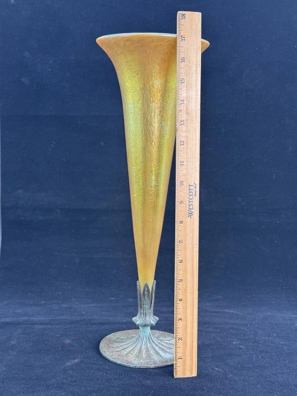Large 17 Inch Lundberg Studios Iridescent Art Glass Vase on Bronze Base - 9
