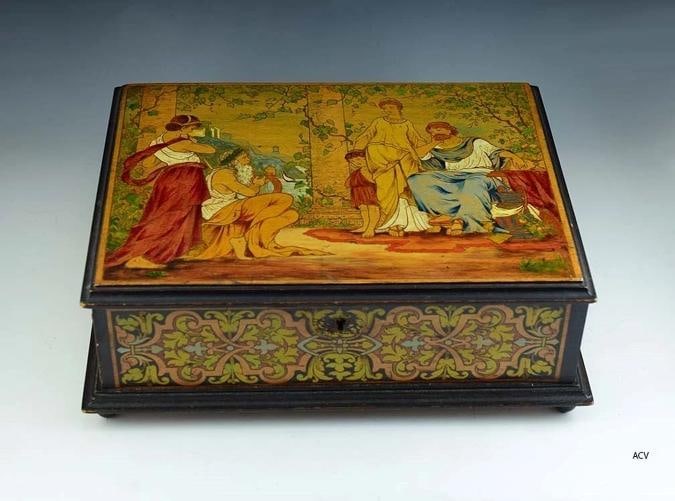 Antique Late 1800s Raised Box w/Classical Greco Roman Hand Painted Decor: Height: 3 5/8 inches. Width: 10 1/2 inches. Depth: 8 inches.. Condition: Used: An item that has been used previously. The item may have some signs of cosmetic wear, but is ... Read moreabout the condi