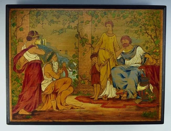Antique Late 1800s Raised Box w/Classical Greco Roman Hand Painted Decor - 2