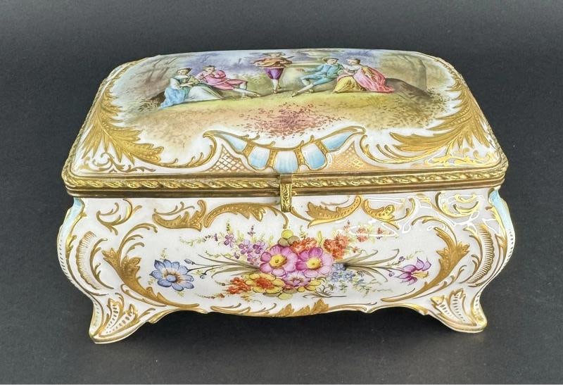 Ornate Handpainted c1900 European Porcelain Jewelry Dresser Box w Courting Scene: This box measures about 9 3/4 by 6 1/4 by 6 inches. . Condition: Used: An item that has been used previously. The item may have some signs of cosmetic wear, but is ... Read moreabout the