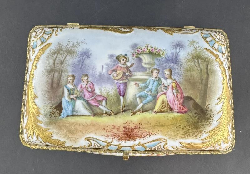 Ornate Handpainted c1900 European Porcelain Jewelry Dresser Box w Courting Scene - 2
