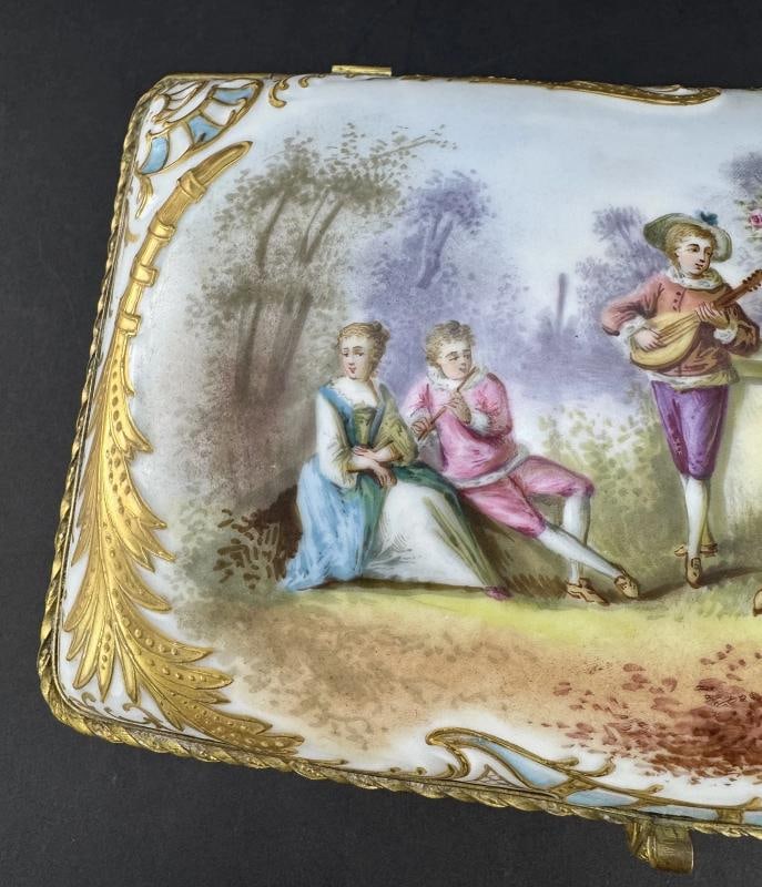 Ornate Handpainted c1900 European Porcelain Jewelry Dresser Box w Courting Scene - 3