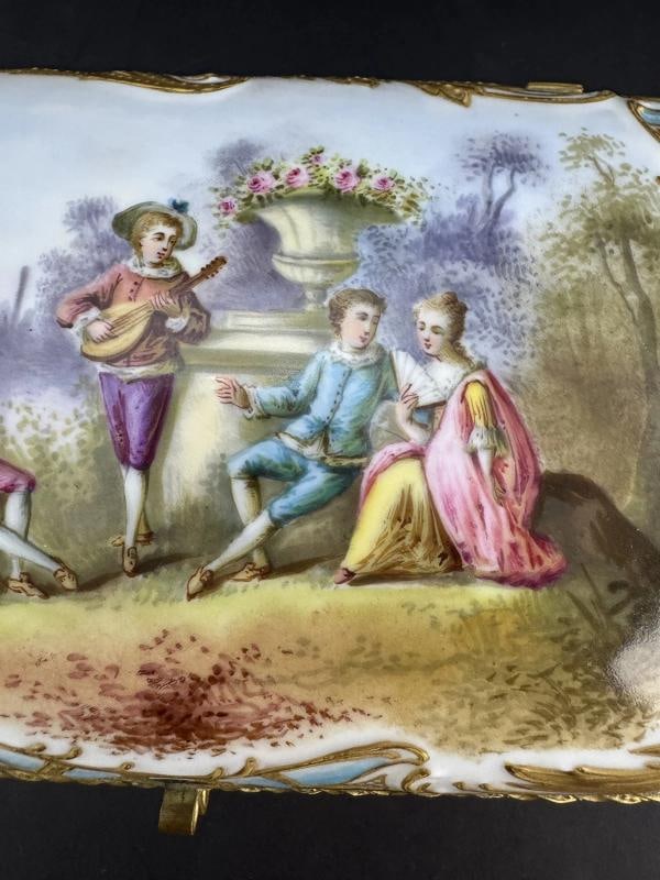 Ornate Handpainted c1900 European Porcelain Jewelry Dresser Box w Courting Scene - 4