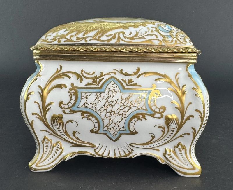 Ornate Handpainted c1900 European Porcelain Jewelry Dresser Box w Courting Scene - 5
