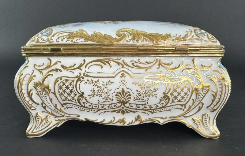 Ornate Handpainted c1900 European Porcelain Jewelry Dresser Box w Courting Scene - 6