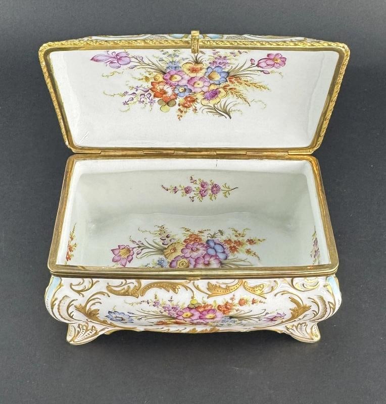 Ornate Handpainted c1900 European Porcelain Jewelry Dresser Box w Courting Scene - 7