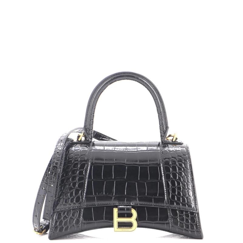 Balenciaga Hourglass Top Handle Bag Crocodile Embossed Leather Small: Accessories: With Strap Measurements: Handle Drop 4", Height 6", Width 8.5", Depth 4", Strap Drop 10". Condition: Pre-owned - Excellent,Brand: Balenciaga,Exterior Material: Leather,Style: Cross Body