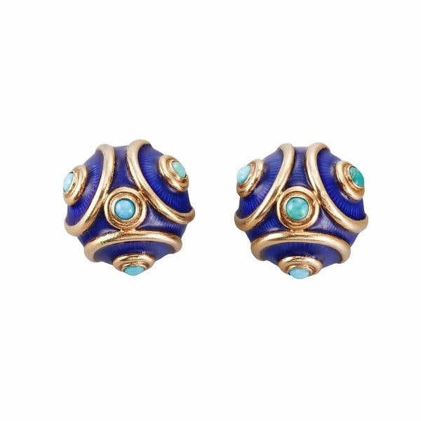 TIFFANY & CO. Italy 18k Yellow Gold, Enamel & Turquoise Clip On Earrings 1960s: Size 1" top to bottom Weight 32.6 grams. Condition: Pre-owned - Excellent: This item has been previously worn; however, it is in excellent condition. ... Read moreabout the conditionPre-owned -