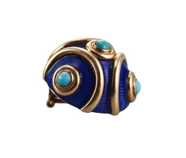 TIFFANY & CO. Italy 18k Yellow Gold, Enamel & Turquoise Clip On Earrings 1960s - 2