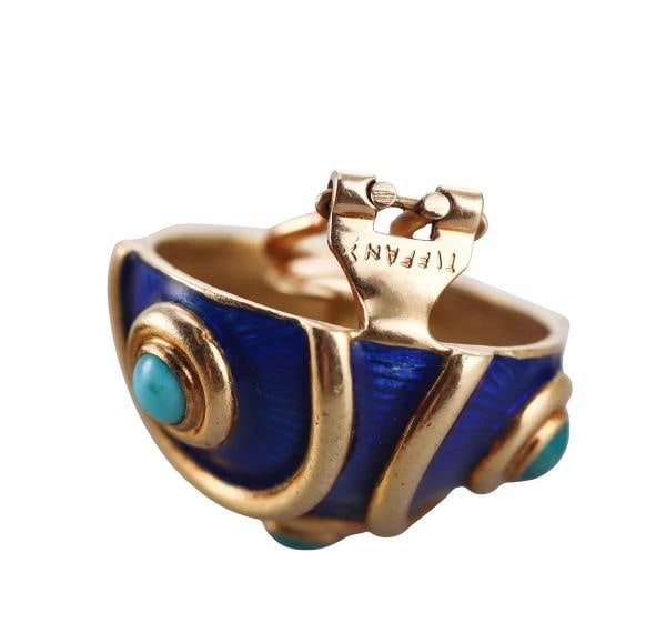 TIFFANY & CO. Italy 18k Yellow Gold, Enamel & Turquoise Clip On Earrings 1960s - 3