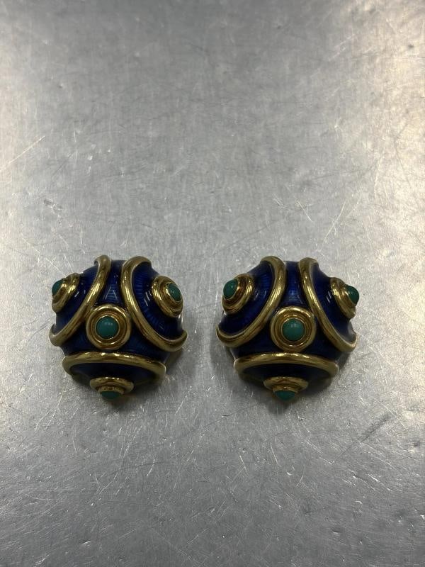 TIFFANY & CO. Italy 18k Yellow Gold, Enamel & Turquoise Clip On Earrings 1960s - 6
