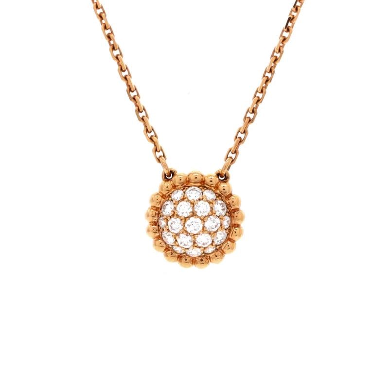 Van Cleef & Arpels Perlee Round Pendant Necklace 18K Rose Gold and Diamonds: Measurements: Length: 14.75 - 16.5 ", Width: .9 mm, Pendant Length: 10.8 mm, Pendant Width: 11 mm . Condition: Pre-owned - Good,Brand: Van Cleef & Arpels,Main Stone: Diamond,Metal: 18K Rose Gold,Metal